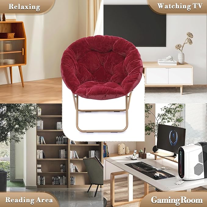 Athena Collection Round Saucer Chair with Ottoman Set of 2 for Adults Oversize Comfy Cozy Faux Fur Folding Reading Chair with Metal Leg Lazy Relaxing for Living Room Bedroom Dorm Apartment Red