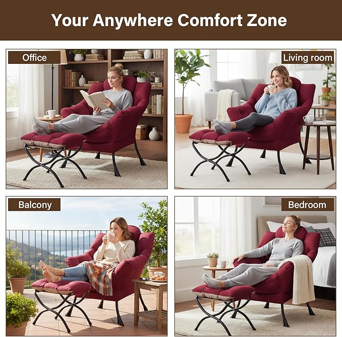 Welnow Lazy Chair with Ottoman Modern Accent Chair with Armrests and a Side Pocket Leisure Sofa Armchair Reading Armchair with Footrest for Small Space Burgundy
