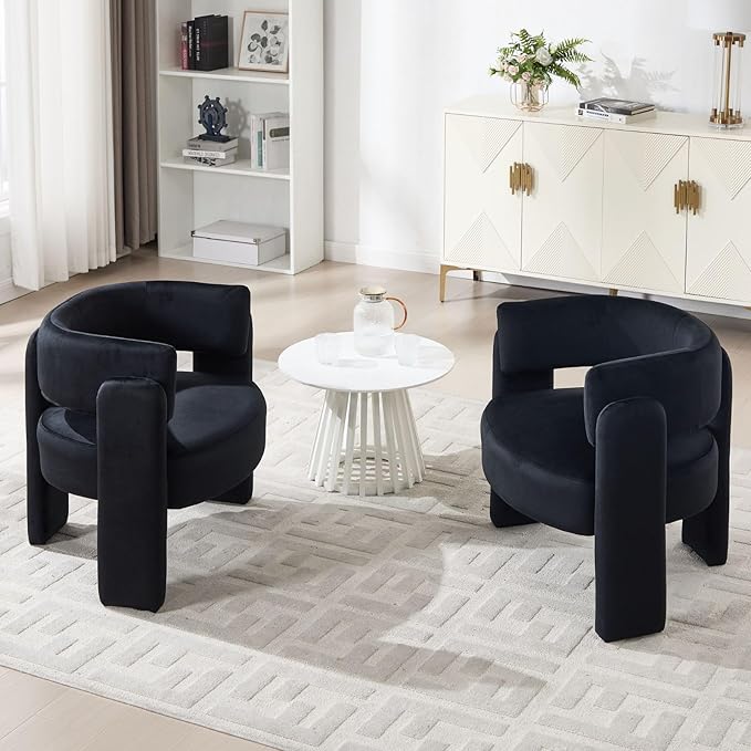 Set of 2 Accent Chairs with Arms Upholstered Barrel Armchair with Curved Back Comfy Single Side Chair for Reading Living Room Home Office Black
