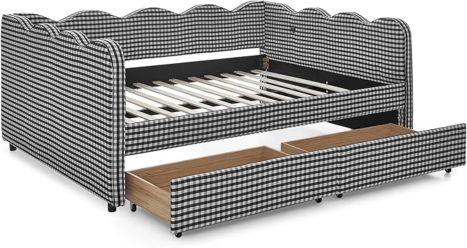 Cozy Gingham Daybed with Trundle Twin Size Sofa Bed No Box Spring Needed with USB Port and Adorable Wave Shaped Linen Fabric Navy (Black+Full+2 Drawers)