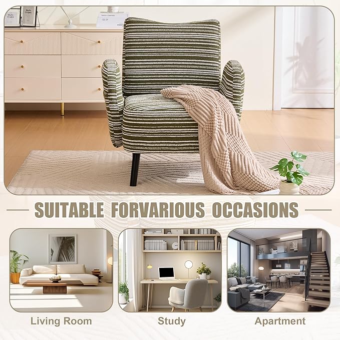 Modern Upholstered Armchair with Side Storage Pocket Fabric Reading Chair with Solid Wood Legs Ergonomic Accent Chair for Living Room Bedroom &amp Office (Green)