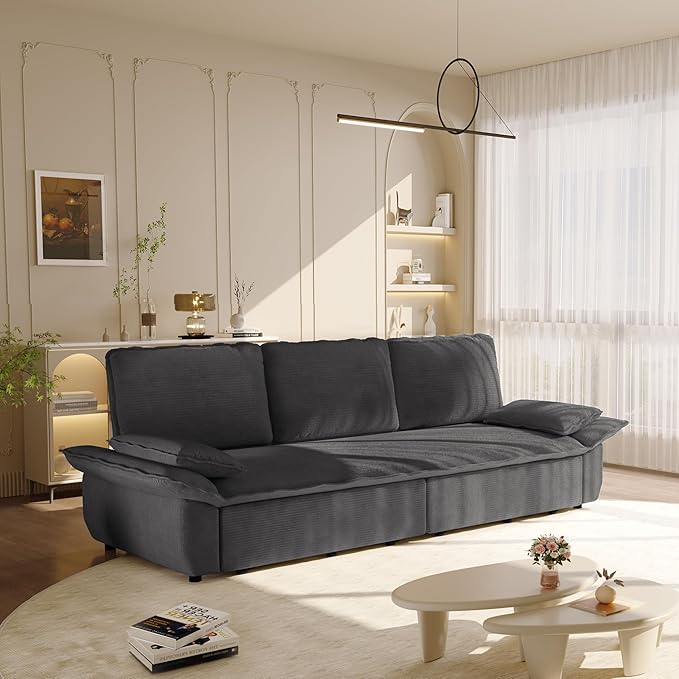 94.5‘’ King Size Sleeper Sofa Bed 3-in-1 Corduroy 3-Seater Sofabed Pull-Out Couch Upholstered Cloud Pullout Futon Space Saving for Living Room Gray
