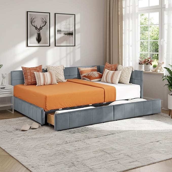 Queen Corner Bed Frame with Storage Drawers Modern Velvet Upholstered Sofa Day Bed Frame with Wood Slats for Living Room Bedroom Guest Room No Box Spring Needed Grey