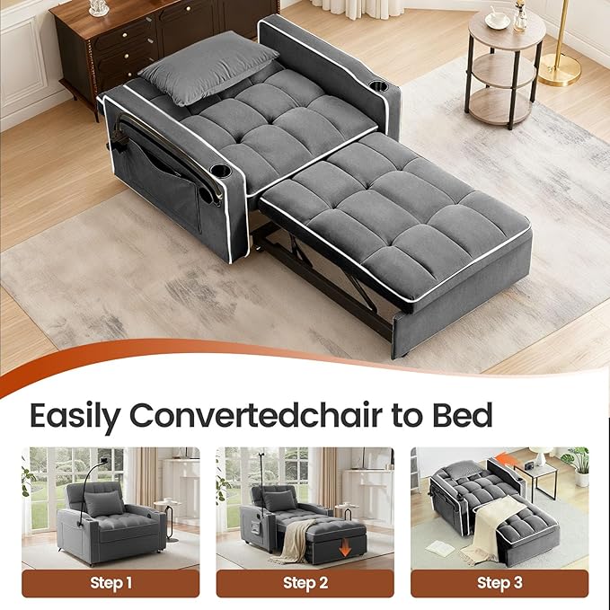 Convertible Sleeper Chair Pull Out Chair Sleeper with Bracket and Cup Holder Chairs Bed Sleepers for Adults 3 in 1 Sofa Bed Chairs for Small Spaces Living Room Gray