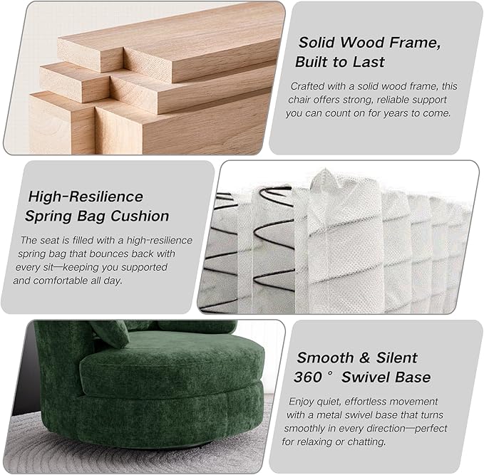 40.6''W Swivel Accent Barrel Chair Chenille Upholstered Round Single Couch Sofa with 3 Pillows for Living Room Apartment Bedroom (Green)