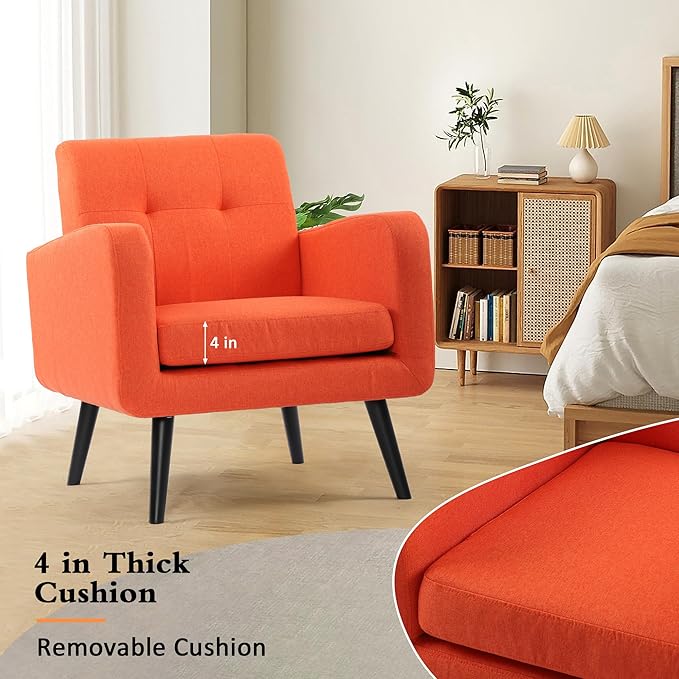 LSSPAID Accent Chairs Set of 2 Modern Orange Linen Fabric Living Room Chairs Comfy Upholstered Armchairs Single Sofa Chair with Solid Wood Legs for Apartment Reading Office