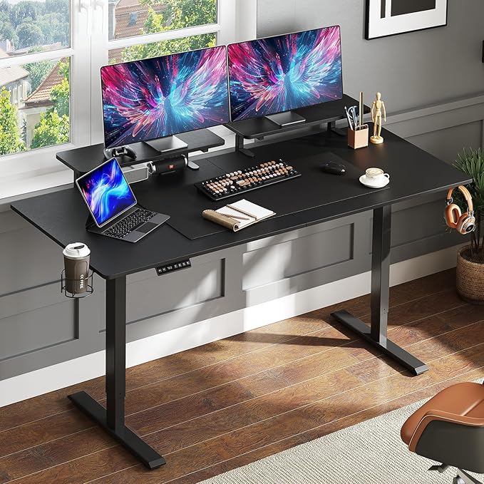ONBRILL Standing Desk with 2 Adjustable Monitor Shelves 71 x 24 Inches Electric Stand Up Desk with Memory Controller and Adjustable Height from 28-46 inches for Computer Workstations Black