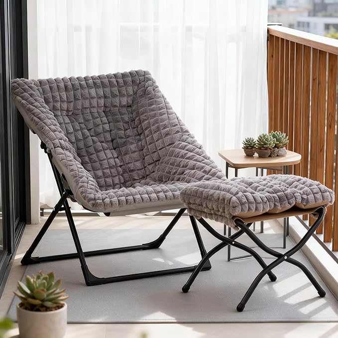 HollyHOME X-Large Saucer Chair with Foldable Ottoman Comfy Oversized Folding Chair and Folding Footrest Stool Set Faux-Fur Reading Chair and Footstool for Living Room Blue&ampGrey Chair&ampStool