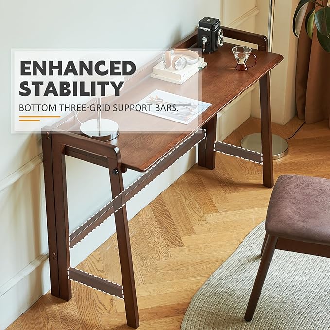 Solid Wood Folding Desk Mid Century Modern Table 47'' Foldable Writing Computer Desk for Home Office Simple Study Makeup Workstation Wooden Study Office Desk Table for Small Spaces Walnut Color