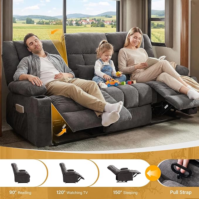 BOSMILLER Reclining Sofa with Cup Holders for Living Room 3 Seat Manual Sofa Recliner with Side Pocket