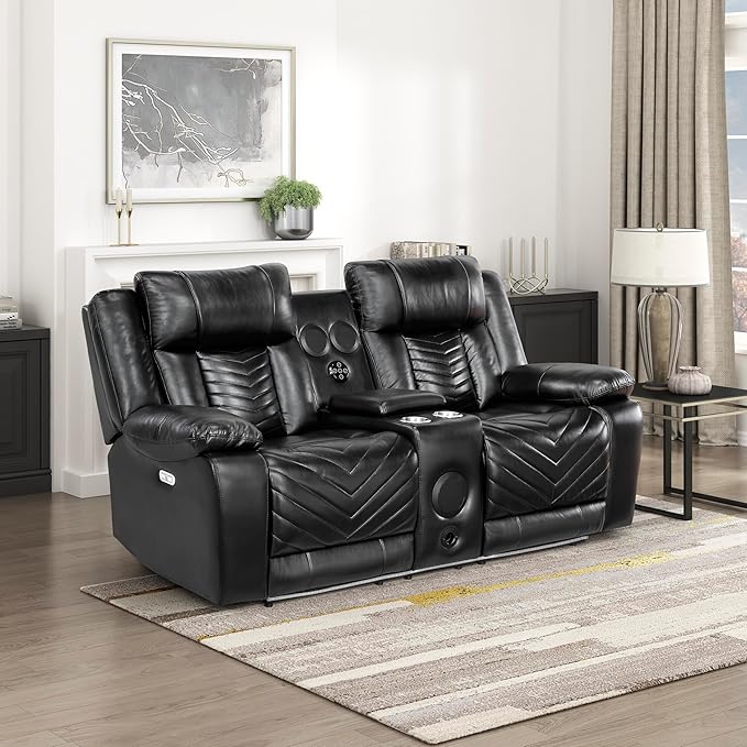 Lexicon Wall Hugger Power Double Reclining Loveseat with Console Faux Leather Home Theater Seating with LED Lighting Charging Ports Bluetooth Speaker Wireless Cup Holders Hidden Storage Black