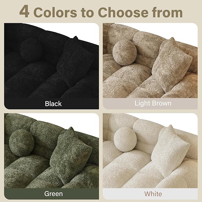 Boucle Sofa Couch 87.3 Modern Tufted Upholstered Teddy 3 Seater Sofa with 4 Pillows Sherpa Deep Seat Cloud Couch Comfy Loveseat Oversized Sofas for Living Room Apartment Beige White