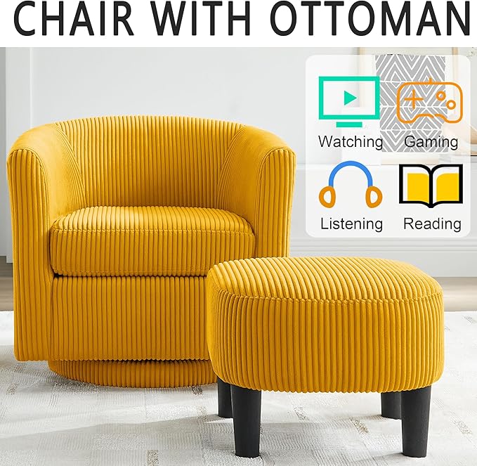 Corduroy Swivel Accent Chair with Ottoman Round Barrel Chair with Armrest Comfy Reading Chair for Living Room Bedroom Office (Yellow)