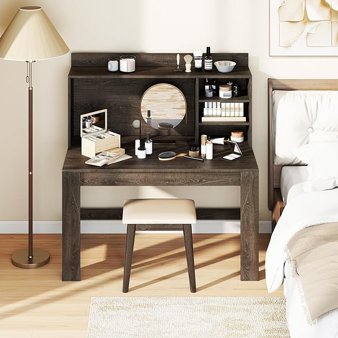 Giantex Computer Desk with Hutch Modern Home Office Desk with Power Outlets Storage Shelves &amp Cable Hole Makeup Vanity Table Study Writing Desk for Bedroom Office Small Space (Grey Oak)