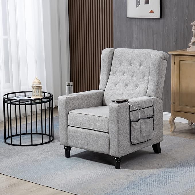 Generic Pushing Recliner Chair Modern Button Tufted Wingback Push Back Recliner Chair Living Room Chair Fabric Manual Single Reclining Sofa Home Theater Seating for BedroomLight Gray
