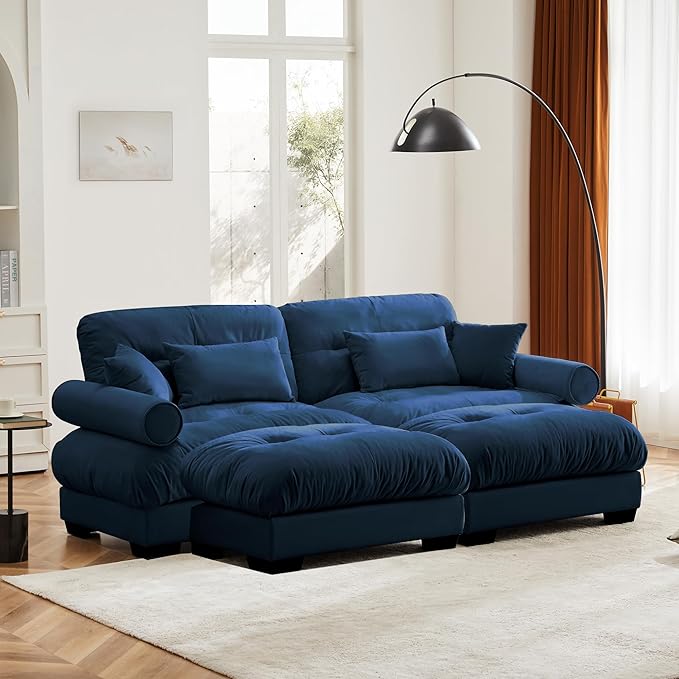 Oversized Modular Velvet Sectional Cloud Sofa Couch with Movable OttomanCorner Sofa with Comfortable Armrests Deep Seat Convertible L or U Shaped Couch (Blue 2 Seat +2 Ottoman)