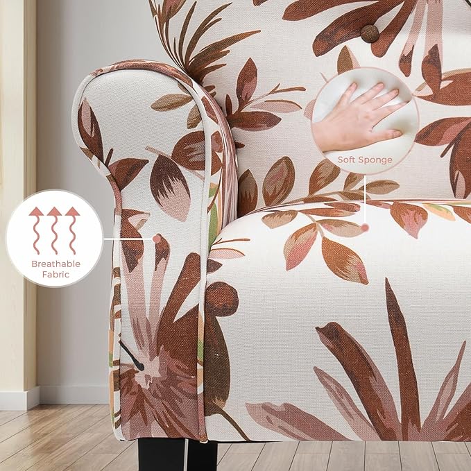 MELLCOM Mid Century Wingback Arm ChairModern Upholstered Fabric High Back Accent Chair with Wood LegsUpholstered Single Sofa Club Chair for Living Room Bedroom Home Office Red Leaves