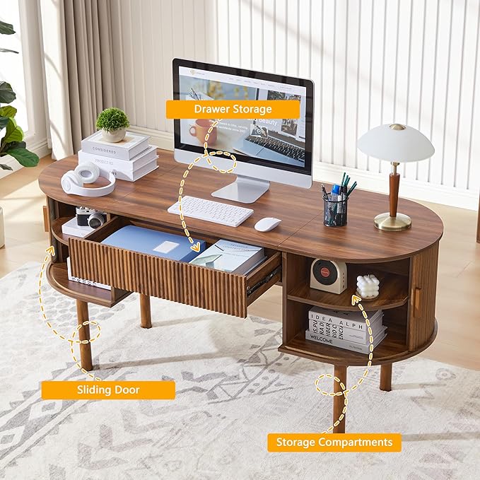 ORRD Home Office Oval Desk with Sliding Tambour Door and Drawer Modern Fluted Wood Executive Computer Storage Desk for Study Living Room Bedroom Office - Walnut