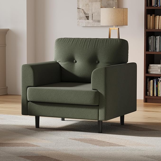 38 Wide Sage Green Accent Chair Modern Linen Upholstered Armchair with High-Density Foam Comfy Reading &amp Lounge Chair for Living Room Bedroom Home Office &amp Reading Nook (Earthy Green Tone