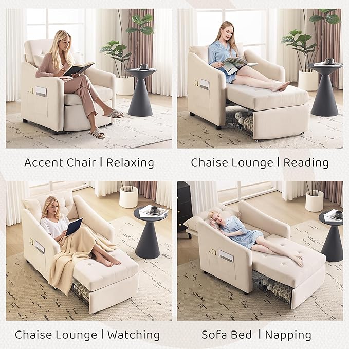 Bezseller Convertible Sofa Bed Chair 3-in-1 Sleeper Chair with Storage Drawer Pull Out Couch with Side Pocket Pillow and Adjustable Backrest for Small Spaces Living Room Beige