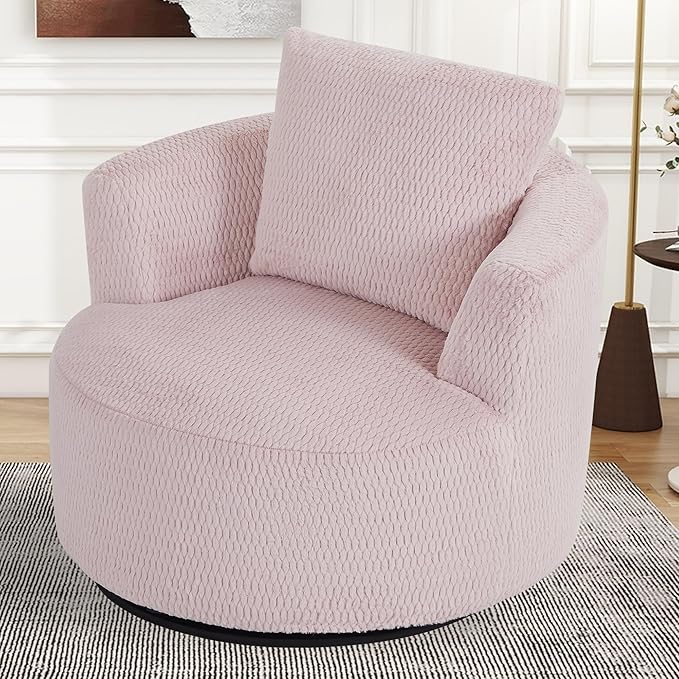 39 Pink Swivel Accent ChairBig Comfy Swivel Chair with PillowUpholstered ArmchairFaux Fur Swivel Sofa Chair for BedroomRound Oversized Chairs for Living Room