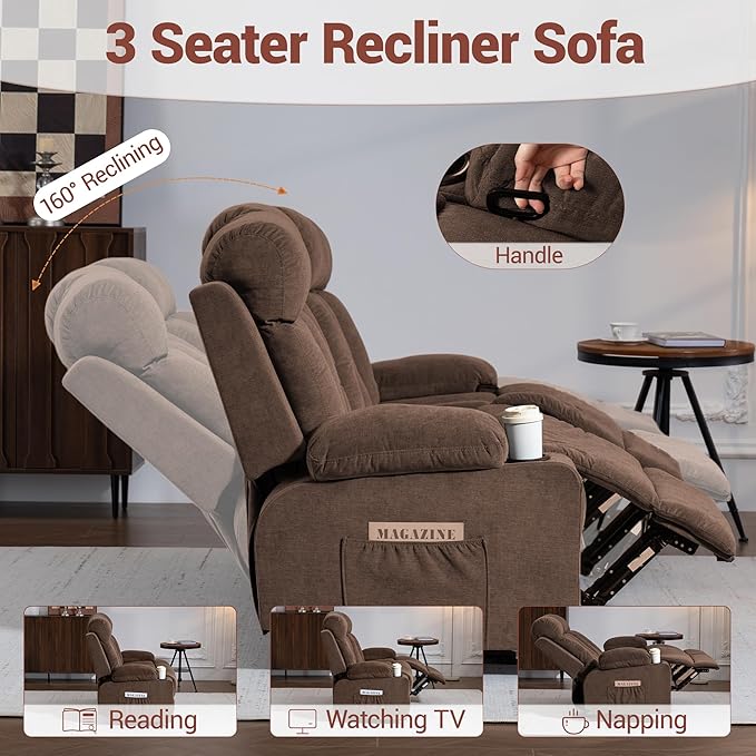 3 Seater Reclining Sofa Couch with Cup Holders Comfy Triple Manual Fabric Recliner Chair for Living Room Home Theater Office Brown