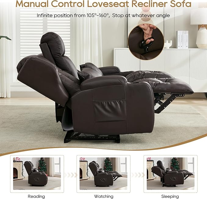 DRMBOOK RV Loveseat Recliner Sofa Double Wall Hugger Reclining Couches Manual Reclinable Movie Seating 2 Person Recliner for Travel Trailer (Leather Brown 2 Seater with Reversible Console)