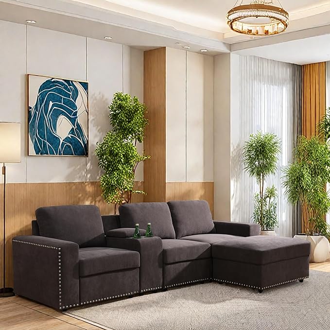 L Shaped Couch Sectional Couches for Living Room Comfy Modular Sectional Sofa with Ottoman Modern Living Room Furniture Sets Loveseat with Cup Holder for Bedroom &amp Office Brown