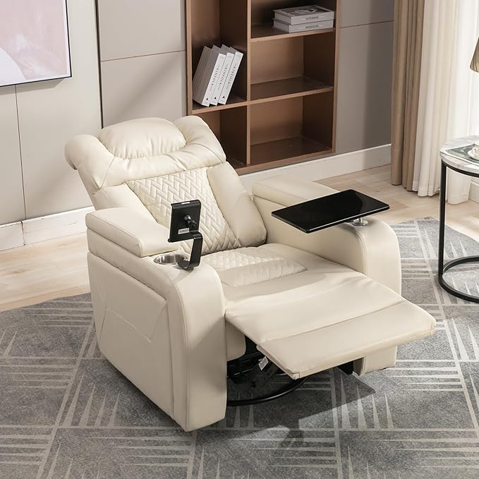270 Degree Swivel PU Leather Power Recliner Individual Seat Home Theater Recliner with Comforable Backrest Tray Table Phone Holder Cup Holder USB Port Hidden Arm Storage for Living Room White