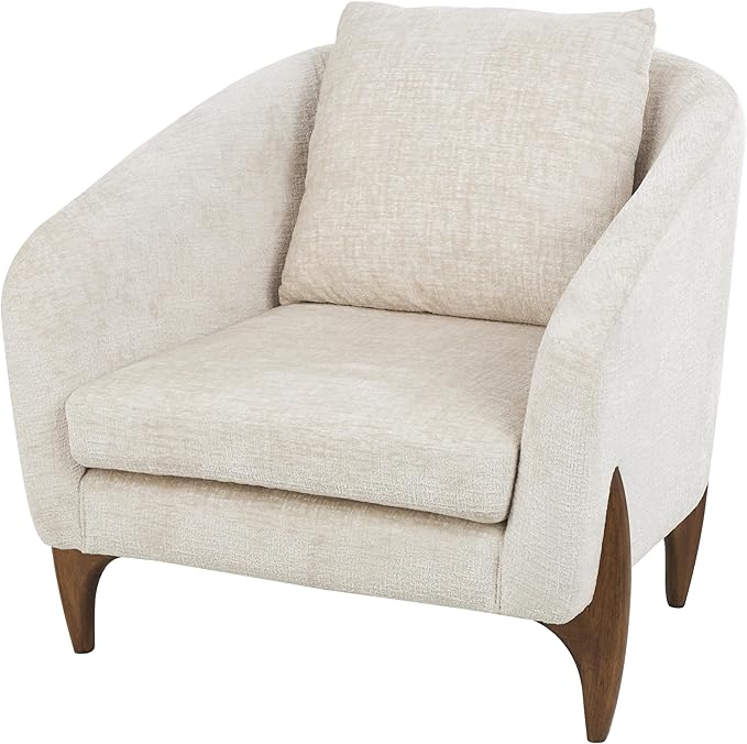 Deco 79 Polyester Living Room Accent Chair Rounded Boucle Side Chair with Brown Wooden Legs and Matching Pillow Corner Chair 32 x 32 x 31 White