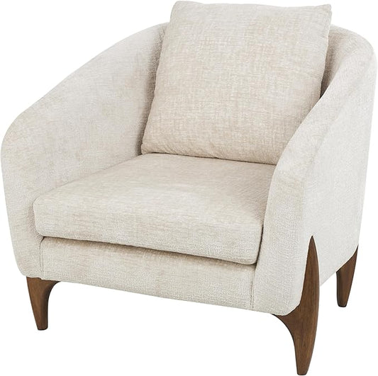 Deco 79 Polyester Living Room Accent Chair Rounded Boucle Side Chair with Brown Wooden Legs and Matching Pillow Corner Chair 32 x 32 x 31 White