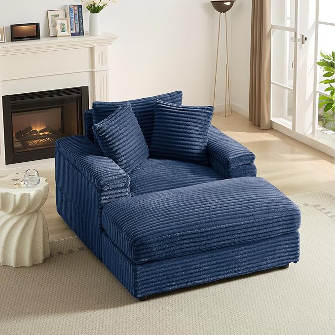 Chaise Lounge Chair Indoor 44 Inch Comfy Corduroy Sectional Cloud Couch Upholstered Single Sofa w/Movable Ottoman for Living Room Bedroom Apartment Blue