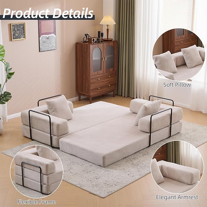 Corduroy Light Grey Folding Convertible King Size Sofa Bed with Pillows Modern Floor Couch 76.77L x 37.4W x 23.62H