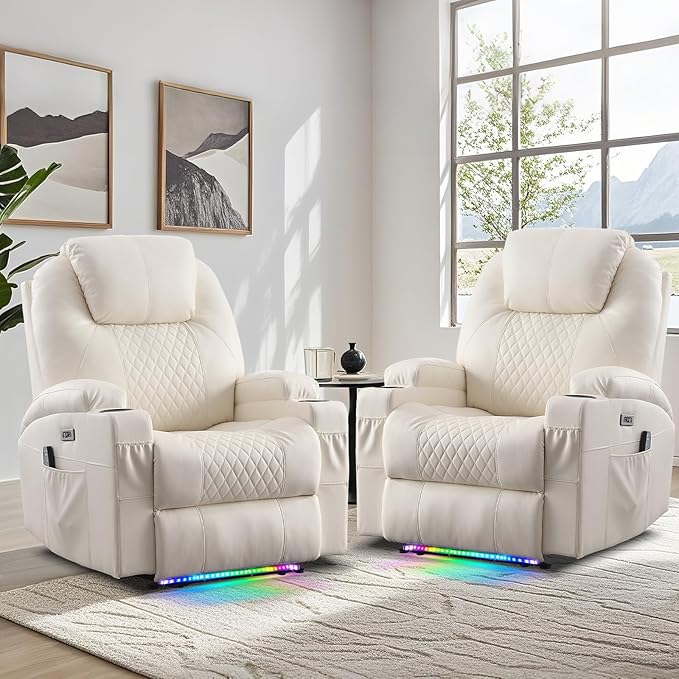 AHMED Power Recliner Chair with Vibration Massage &amp Heat for Adults Faux Leather Home Theater Seating with Cup Holders/LED Lights/USB Ports/Side Pockets for Living Room Beige