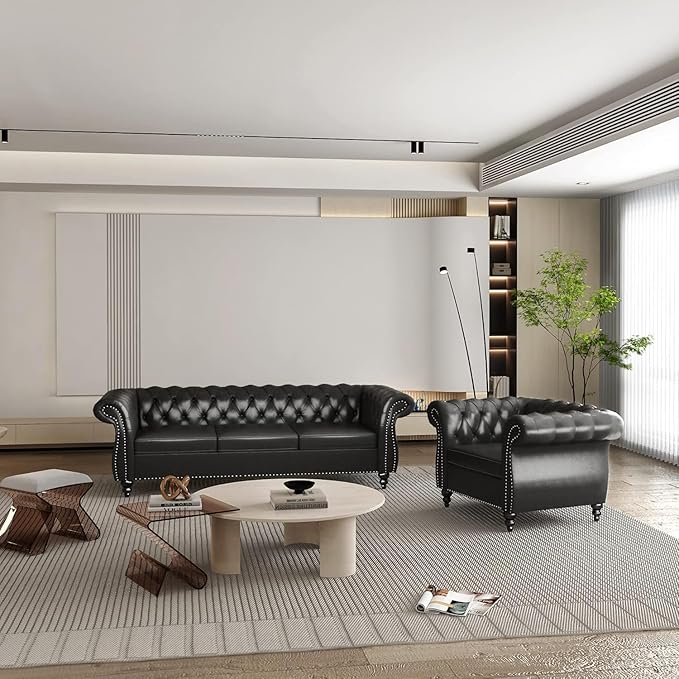 Chesterfield 3 Seater Sofa Modern Leather Tufted Couch 3 Seater with Rolled Arms and Nailhead Mid-Century Upholstered Couch for Living Room Bedroom Apartment and Office Black