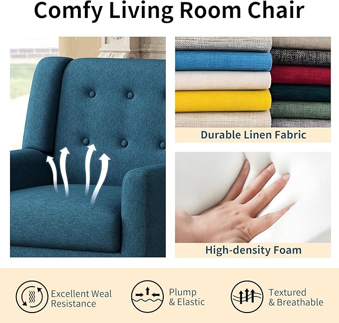 Accent Chairs Set of 2 Mid-Century Modern Upholstered Living Room Armchair Comfy Linen Fabric Single Reading Arm Chair with Tufted Back and Wood Legs for Bedroom Club (2 Dark Teal)