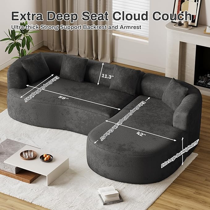 Oversized Sectional Sofa with Right Chaise for Living Room 111 Modern Curved L Shape Cloud Couch with Extra Deep Seat Modern Luxury Chenille 4 Seater No Assembly Required Black