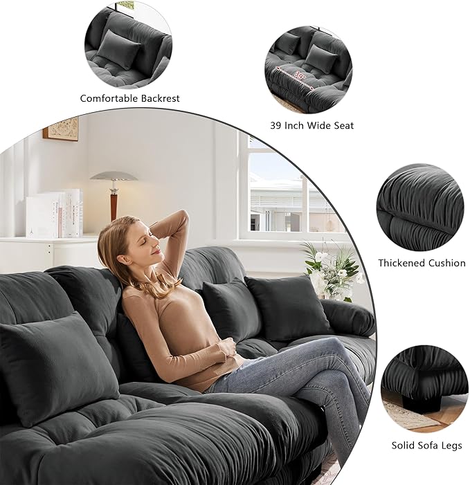 Oversized Modular Sectional Sofa 94.4 Inch Comfy Chenille Cloud Couches for Living Room Office Loveseat Sofa with 4 Pillows Square Handrail Gray