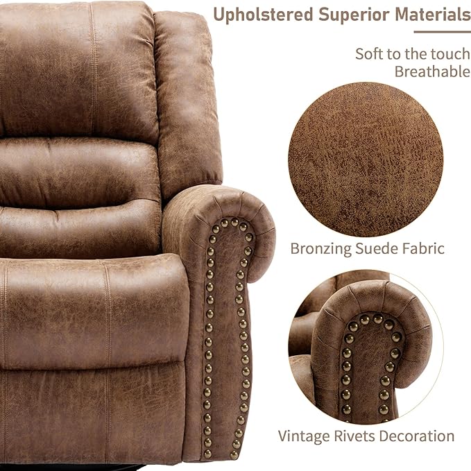 Manual Swivel Rocker Recliner with Heat and Vibration 360° Swivel Glider Rocking Recliner Ergonomic Lounge Massage Recliner Chairs with Side Pockets &amp USB Ports Nut Brown