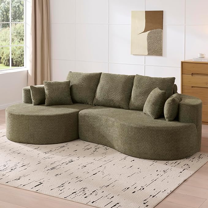 Merax 106 Fabric Cloud Curved Sofa 2 Piece Sectional Sofa with Chaise and 7 Pillows for Living Room Apartment Bedroom Full-Compressed No Assembly Required (Green)