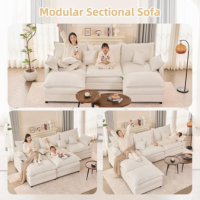 108 U Shaped Couch Modular Sectional Sofa 3-Seater Comfy Cloud Couch Set of Modular Pieces with Movable Ottoman Deep Seat Couches for Living Room Chenille Ivory