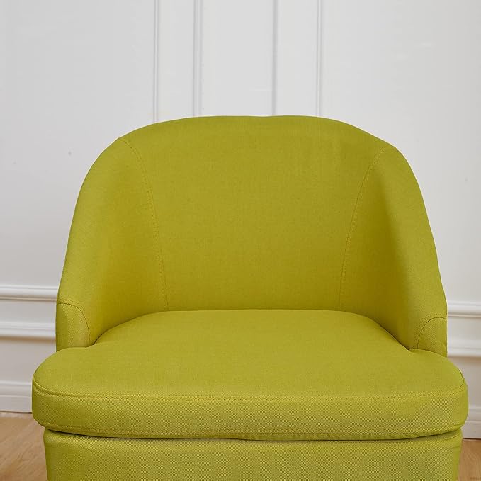 Cute Upholstered Accent Club Green Chair with Barrel Style Cotton Linen Like Fabric Round Single Sofa for Wooden Leg Living Room BedroomLarge