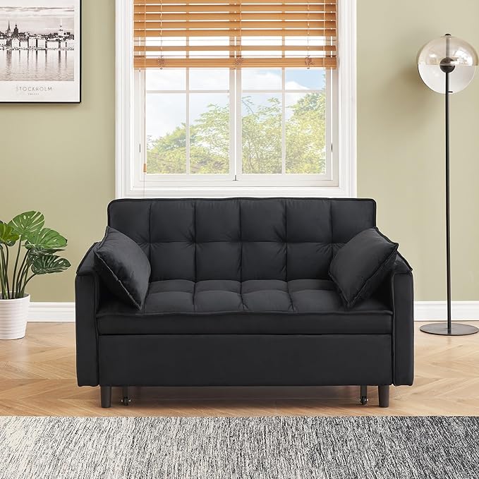 55 Sleeper Loveseat3 in 1 Sofa BedPull Out Couch Bed with 2 Pillows and Side PocketsVelvet Convertible Bed for Small Spaces Living Room (Black)