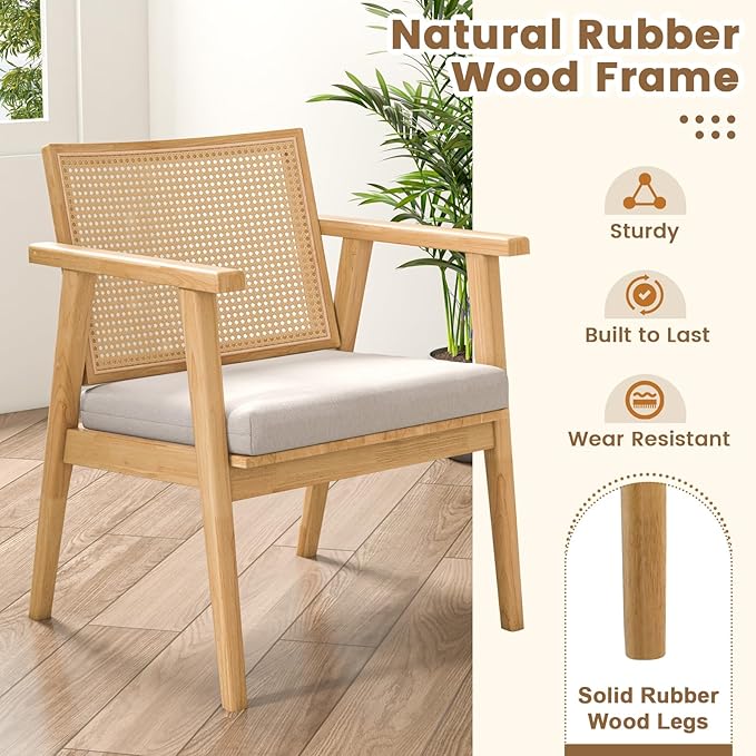 Giantex Modern Rattan Accent Chair Set of 4 Mid Century Accent Chairs w/Curved Backrest Detachable Padded Seat Cushion Solid Rubber Wood Frame Comfy Armchairs for Living Room Bedroom Natural