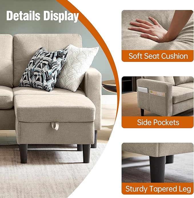 80 Convertible Sectional Sofa Couch with Movable Ottoman 3 Seats Sectional Sofas L Shaped Couch for Small Spaces Soft Fabric Couch for Living Room (Beige)