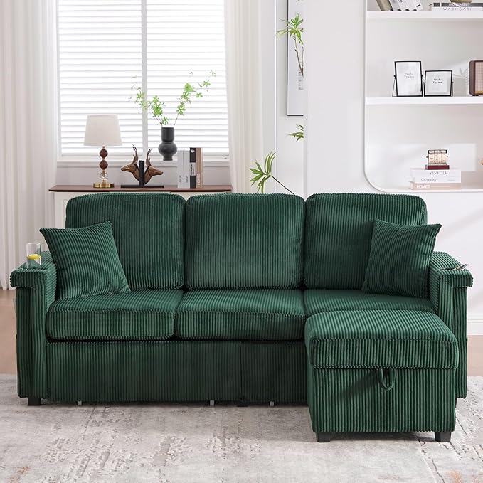 76.8 L-Shaped Sleeper Sofa with Storage Ottoman USB Ports Cup Holders&ampLED Lights Side Pockets Comfy Corduroy Modern 3-Seater Small Couch Bed for Living Room with 2 Throw Pillows (Emerald Gree