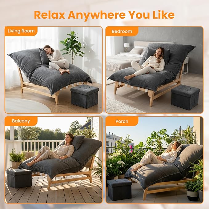 MOPHOTO Oversized Chaise Lounge Chair with Ottoman Multi-Functional Upholstered Recliner Chair Comfy Accent Chair with Storage Footrest &amp Pillow for Living Room Bedroom &amp Reading (Grey