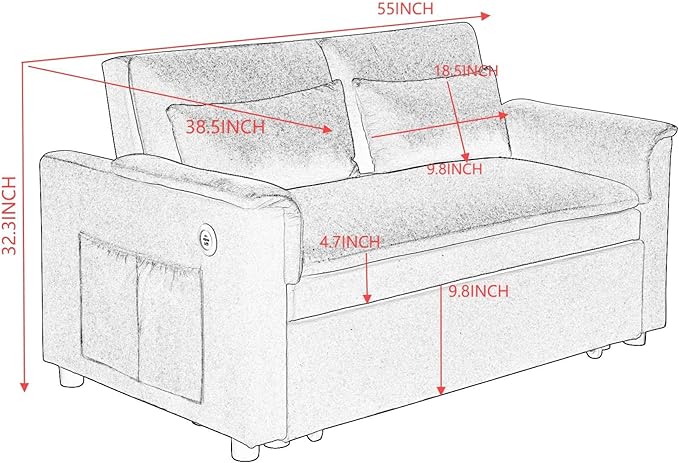 Sofa Bed Pull Out Couch with Side Pockets 3 in 1 Velvet Loveseat Sleeper Sofas Beds with USB Ports Sofa Bed Couch with Adjustable Backrest for Living Room Bedroom Apartment Blue Black