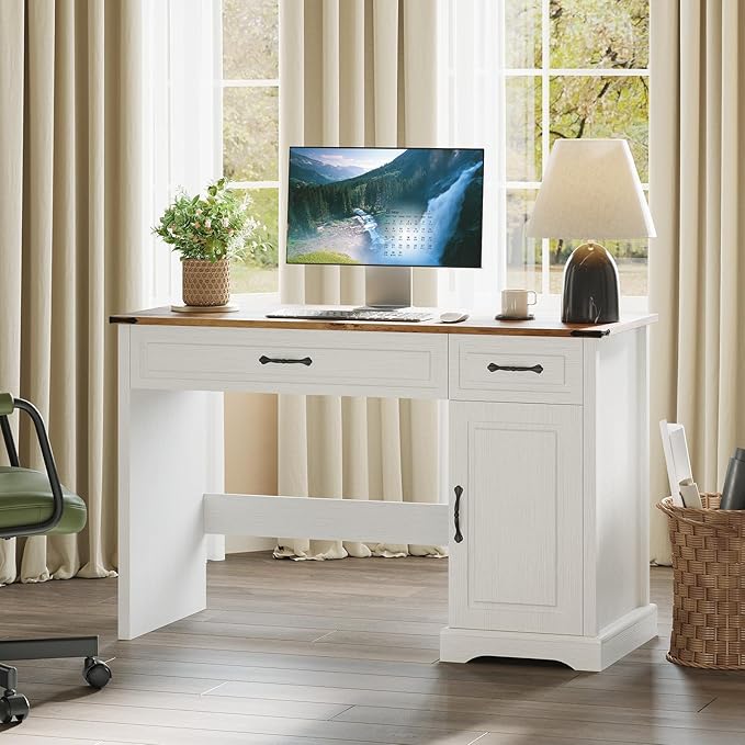 CuisinSmart 47 Farmhouse Executive Desk with Drawers Wooden Home Office Desks with Storage Cabinet Rustic Computer Desk for Working Studying Writing White