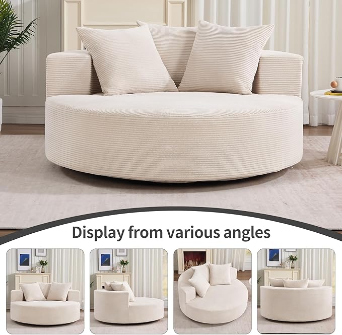 CANMOV Oversized Round Swivel Chaise Longue Chair Indoor Upholstered Corduroy Deep Seat Cloud Large Circle Sofa Chair Modern Single Cloud Sofa Bed for Living Room Bedroom Apartment Office Beige